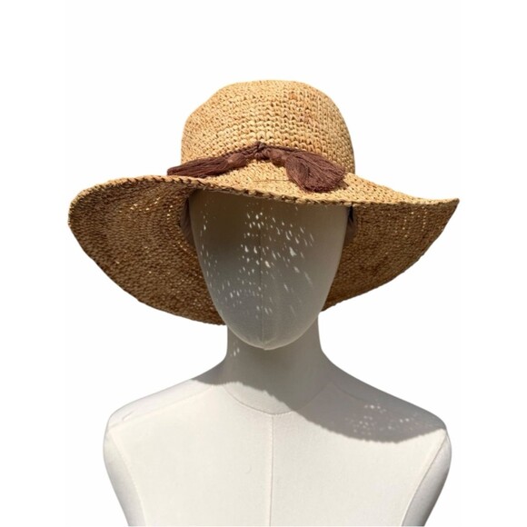 J.Crew Raffia Straw Sun Hat Tan S/M Wide Brim Tassel Trim Beach Boho Resort main image 7